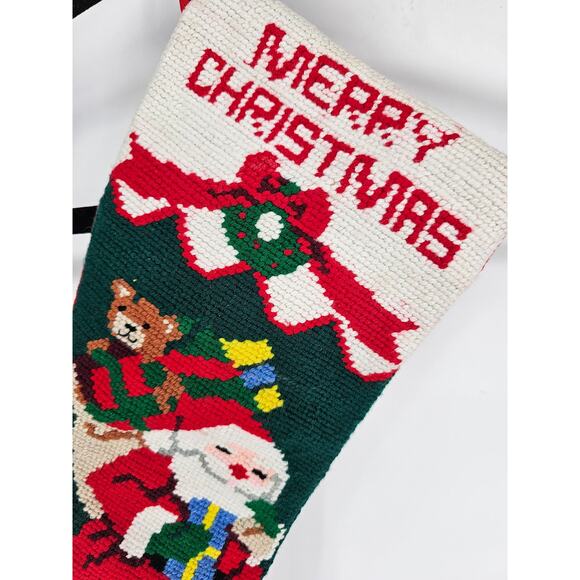 Christmas Stocking Santa Toy Bag Train Handmade Needlepoint Wool Tapestry VTG - Picture 2 of 3